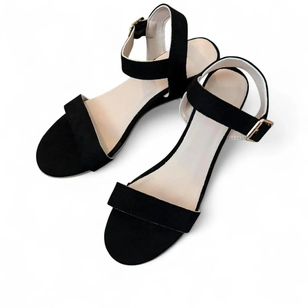 Black Suede Wedge Sandals Gold Buckle Ankle Strap Heels Womens 6.5 EU 39